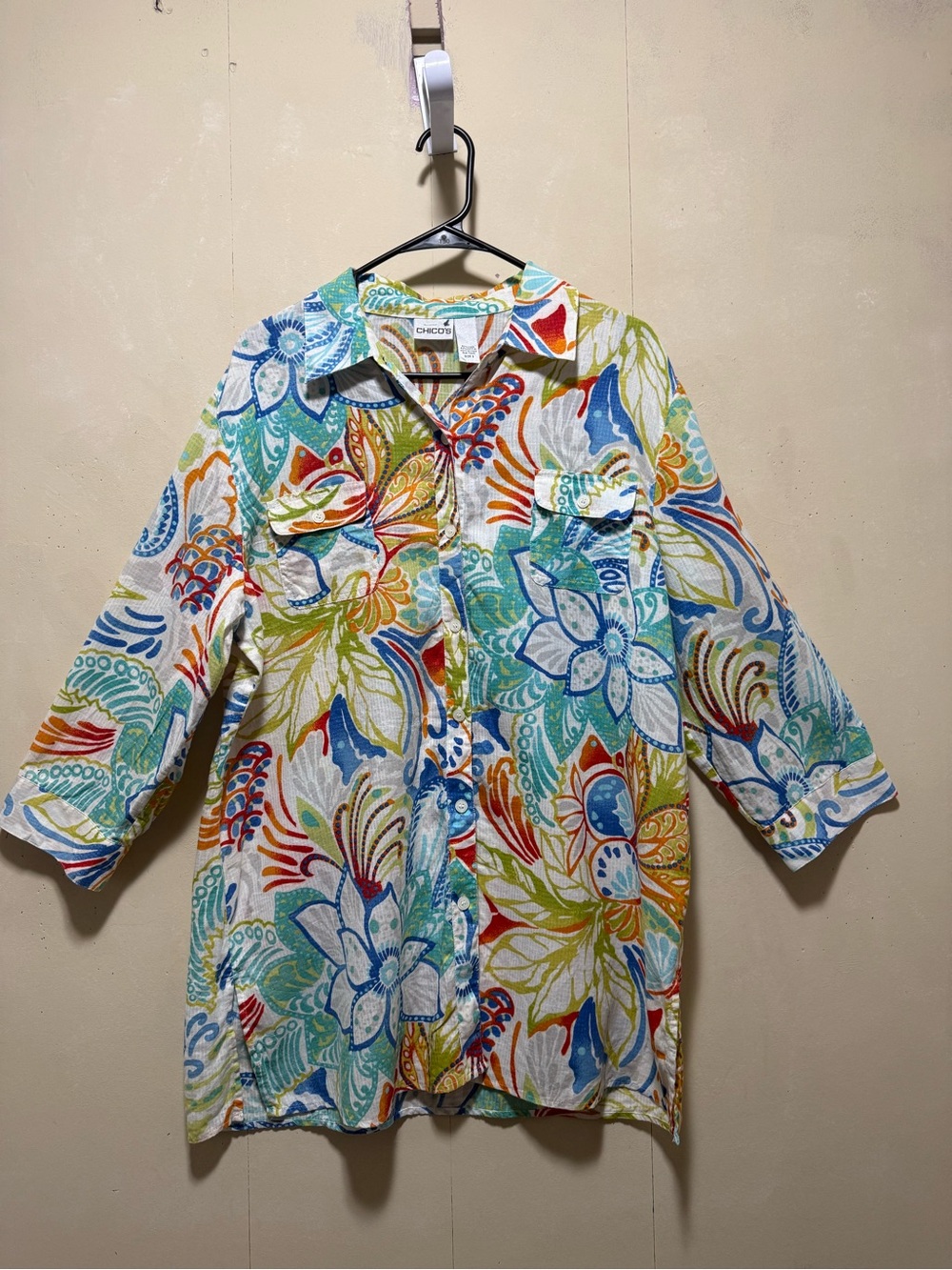 Chico's Bright Multicolor Linen Blend Floral Button-Down Shirt Women’s Sz XL